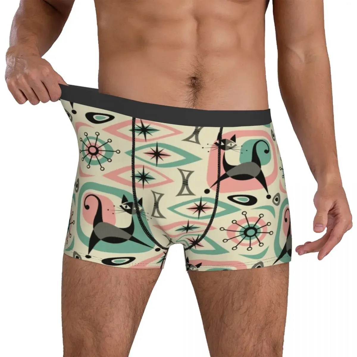 Calzoncillos bóxer para hombre, ropa interior transpirable, bragas abstractas de gato de mediados de siglo, regalo para novio