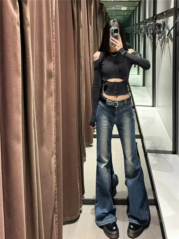 

Американские ретро-джинсы с низкой посадкой, темно-синие, расклешенные, женские, удлиненные, стройнящие, в пол