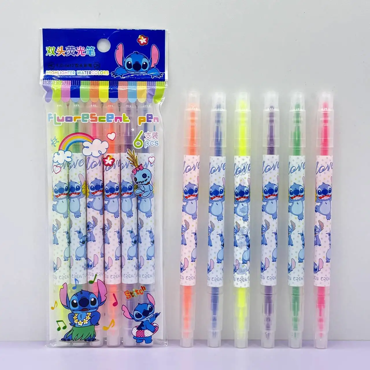 6pcs/set Anime Stitch Fluorescent Pen Cartoon Double Headed Marking Pen Gift High Beauty Student Stationery