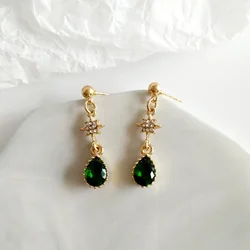 Vintage Resin Water Drop Green Stone No Pierced Ear Clips Small Elegant Rhinestone Six-Pointed Star non piercing earrings Clips