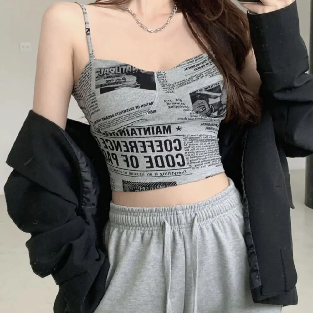 

New Printed Newspaper Sleeveless Tops with Chest Pad Creative Camisole Ice Ribbon Vest Women