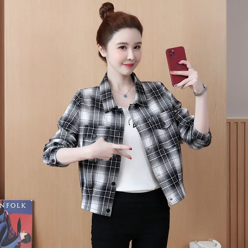 

Женское свободное пальто Ele Plaid с длинными рукавами, осенняя коллекция 2023, модная универсальная верхняя одежда с воротником на пуговицах