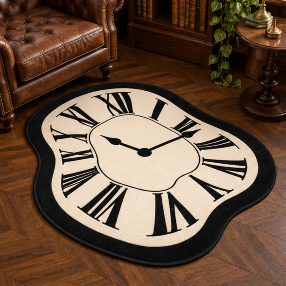 Melting Clock Shaped Area Rug Vintage Roman Numeral Flannel Floor Mat For Living Room Bedroom Entryway Home Decoration Decor