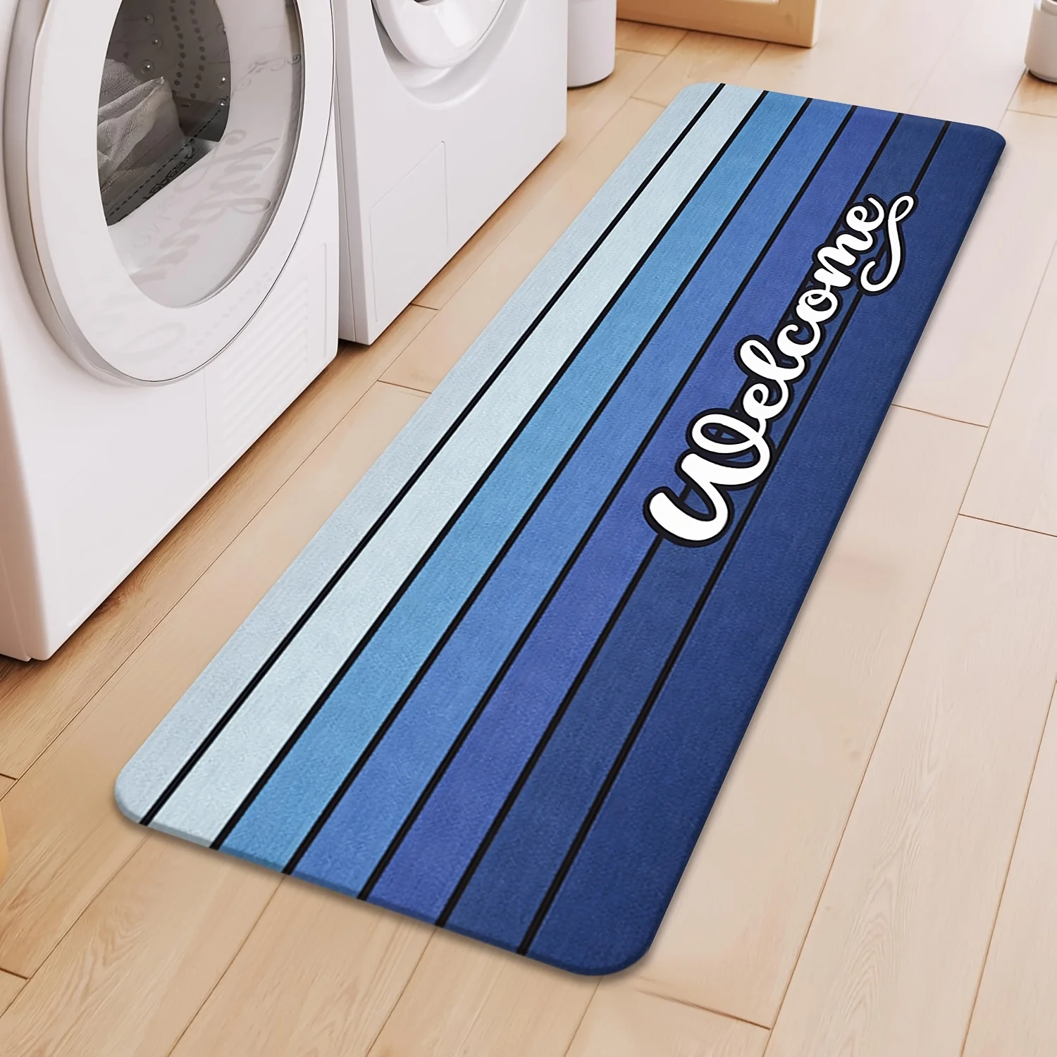 1pc 100% Polyester Blue Gradient WELCOME Letter Long Runner Rug, Non-Slip Machine Washable Non-Fading Indoor Carpet, Soft Comf