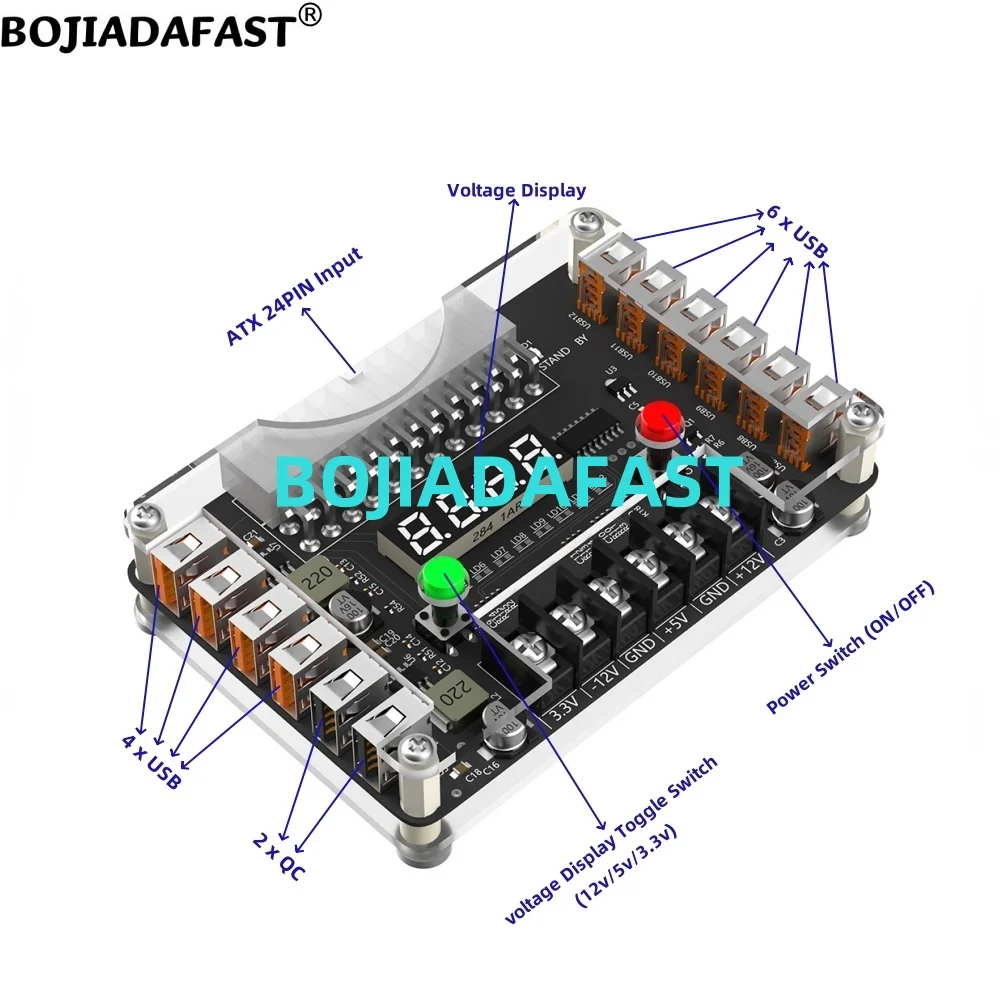 ATX 24PIN Female Input to 10 * USB & 2 x QC Connector Breakout Board Adapter 3A Maximum Output With Voltage Display