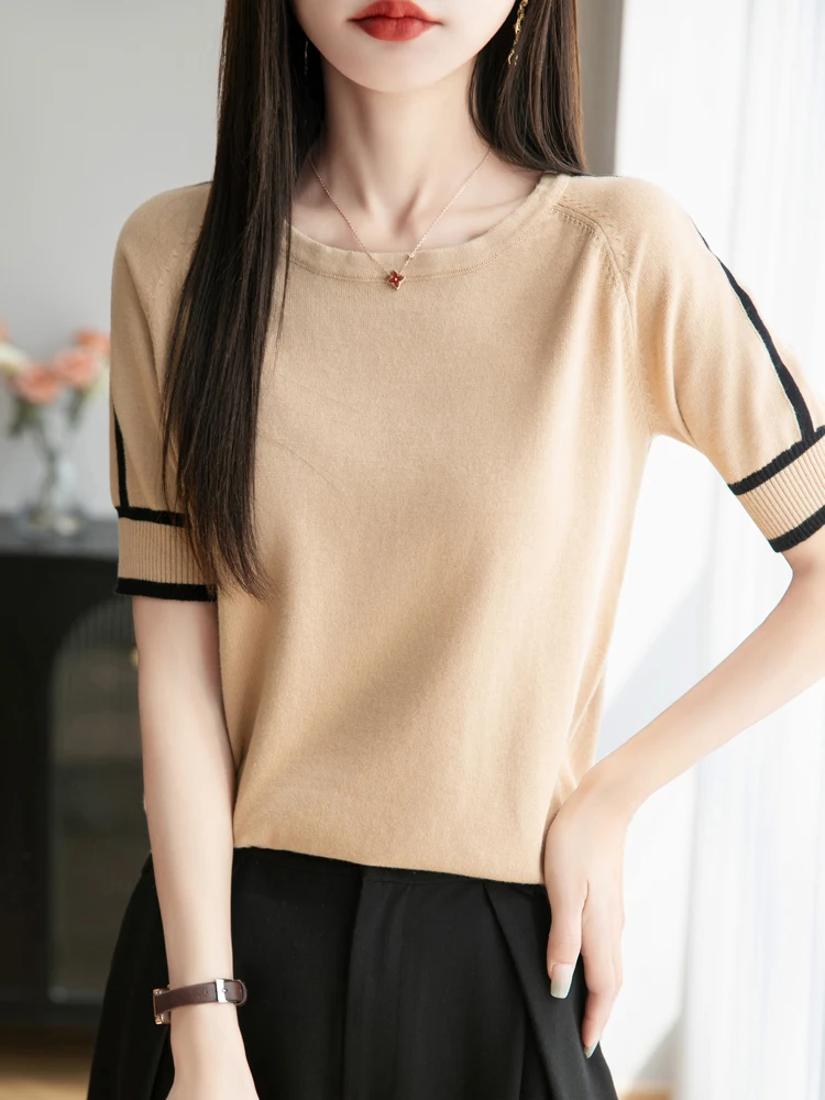 Summer New Loose Knitted Pure Cotton Half Sleeve round Neck T-Shirt Women's Fashion Color Block Base Shirt Moisture Wicking S...
