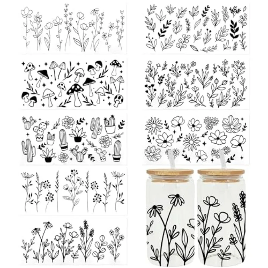 

8 Sheet Black Plant Flower UV Dtf Wraps Transfer Stickers for Glass Decals Rub on Transfers Glass Stickers for DIY Crafts Iced