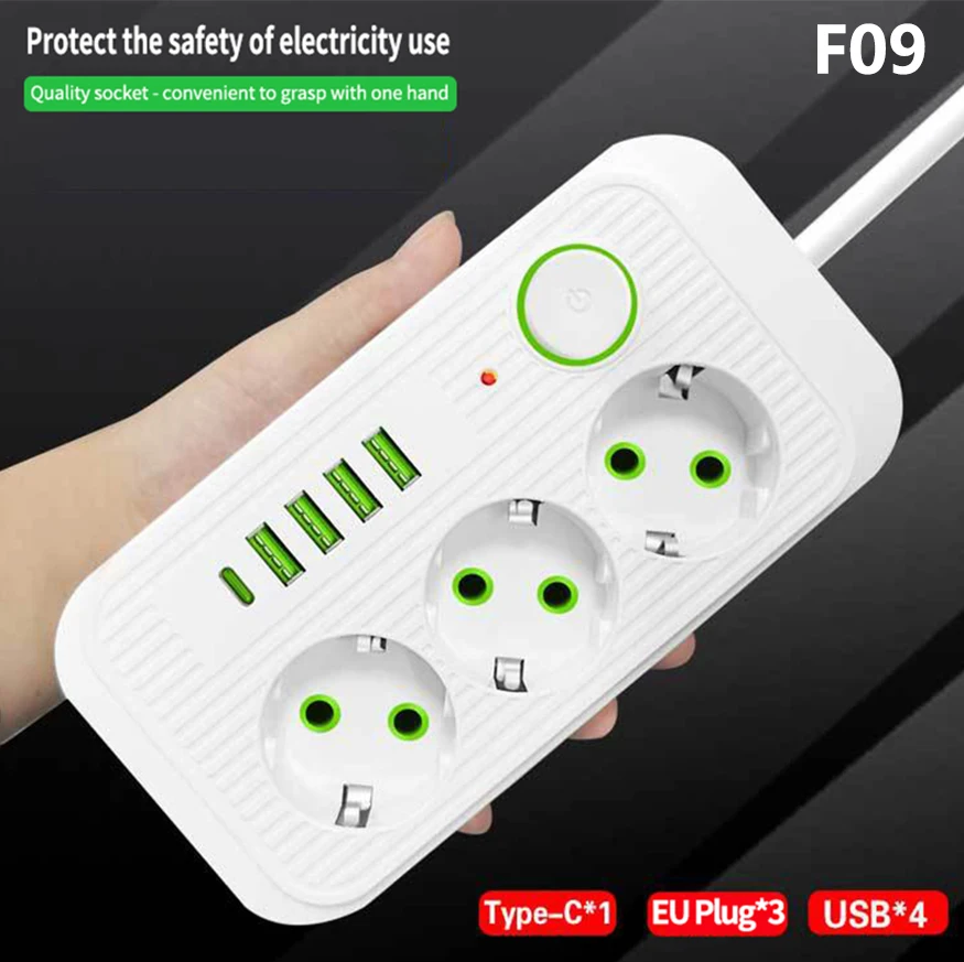 EU Plug Power Strip with USB Ports Extension 2M Cord Socket Network Filter Round Pin AC Outlet 2500W Electrical Charge Adapter