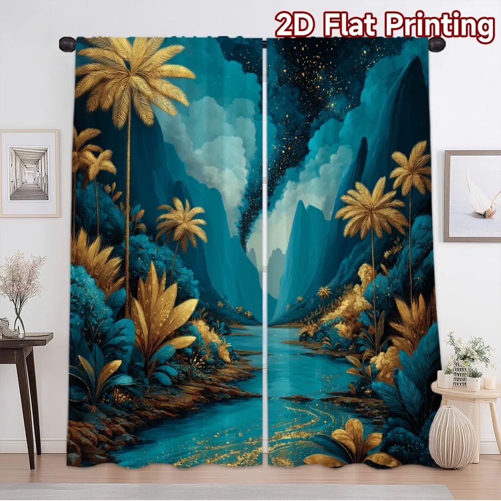 2D flat printing 2pcs Curtain Window Curtains Golden Tropical River Digital Printed Polyester Drapes Seasonal Party & Holiday