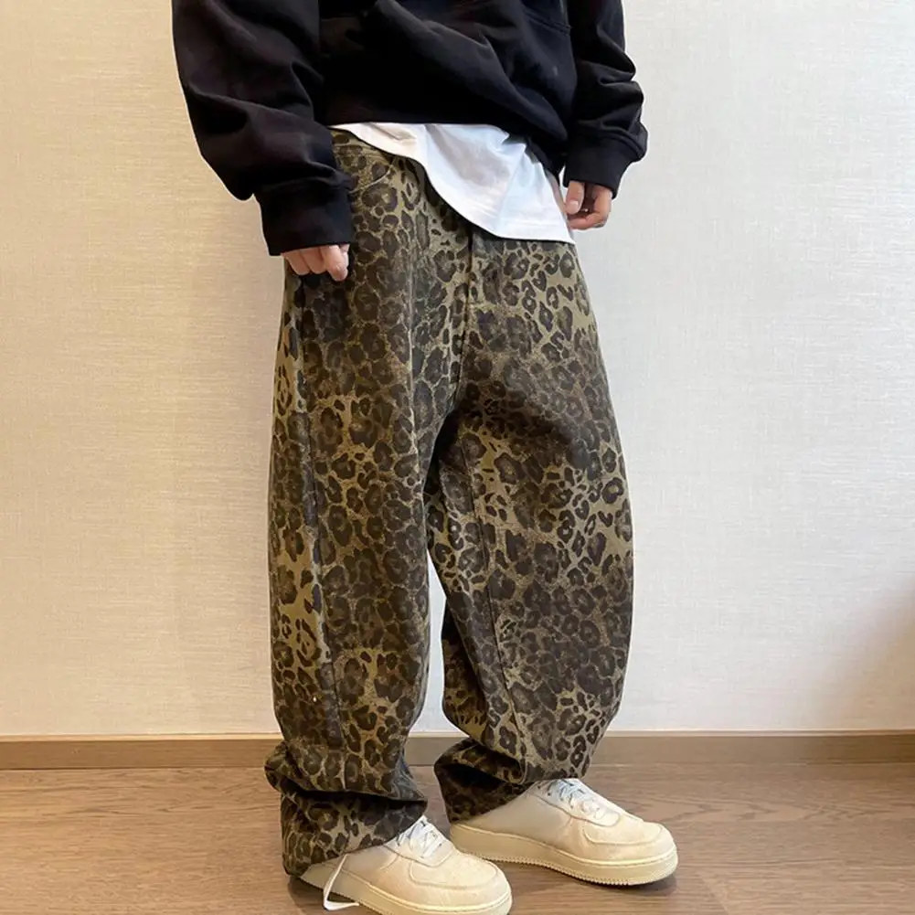 Pantalones informales holgados para hombre, pantalón Retro con estampado de leopardo, estilo Hip Hop, tejido suave y transpirable, cintura media con bolsillos