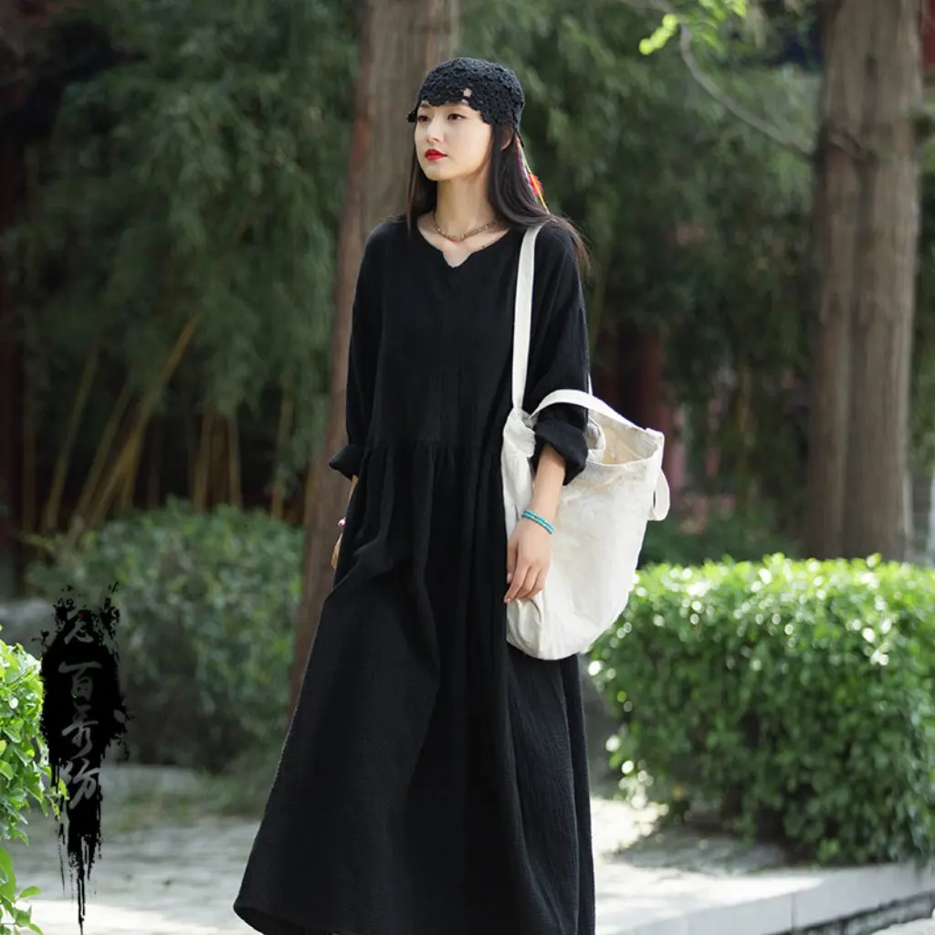 Elegant Vintage Fairy Long Dress Autumn Winter V-Neck Textured Raw Linen Double-Layered Robe with Large Hem Loose Fit