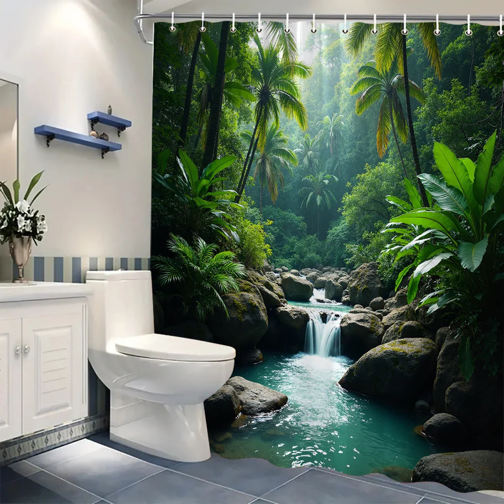 Tropical Paradise Bath Curtain - Lush Palm Trees & Crystal Waterfall, Waterproof Home Decor Adds Exotic Beauty to Your Bathroom