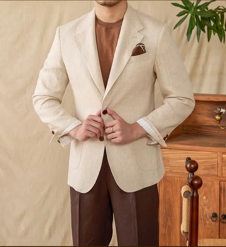 

2025 New Men Coat Linen Beach Wedding Suit Groomsmen Attire Linen Blazer Vest Pant Prom Tuxedo（Only One Coat）