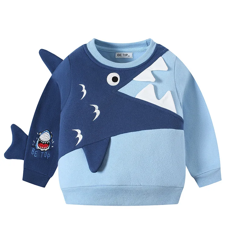 TUONXYE Winter Boys Long Sleeve Sweatshirts Velvet Cute Cartoon Shark Embroidery Soft  Cotton Baby Children\'s Pullover Clothes