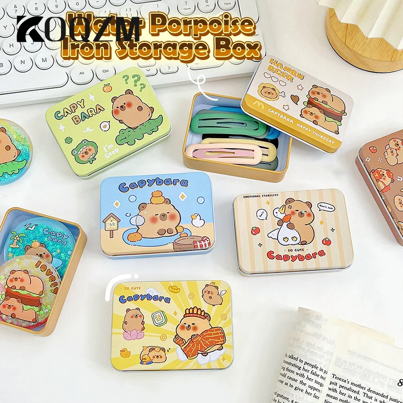 Kawaii Cartoon Capybara Card Storage Iron Box Photo Card Dustproof Box Cute Jewelry Hair Clip Small Box Creative Candy Box
