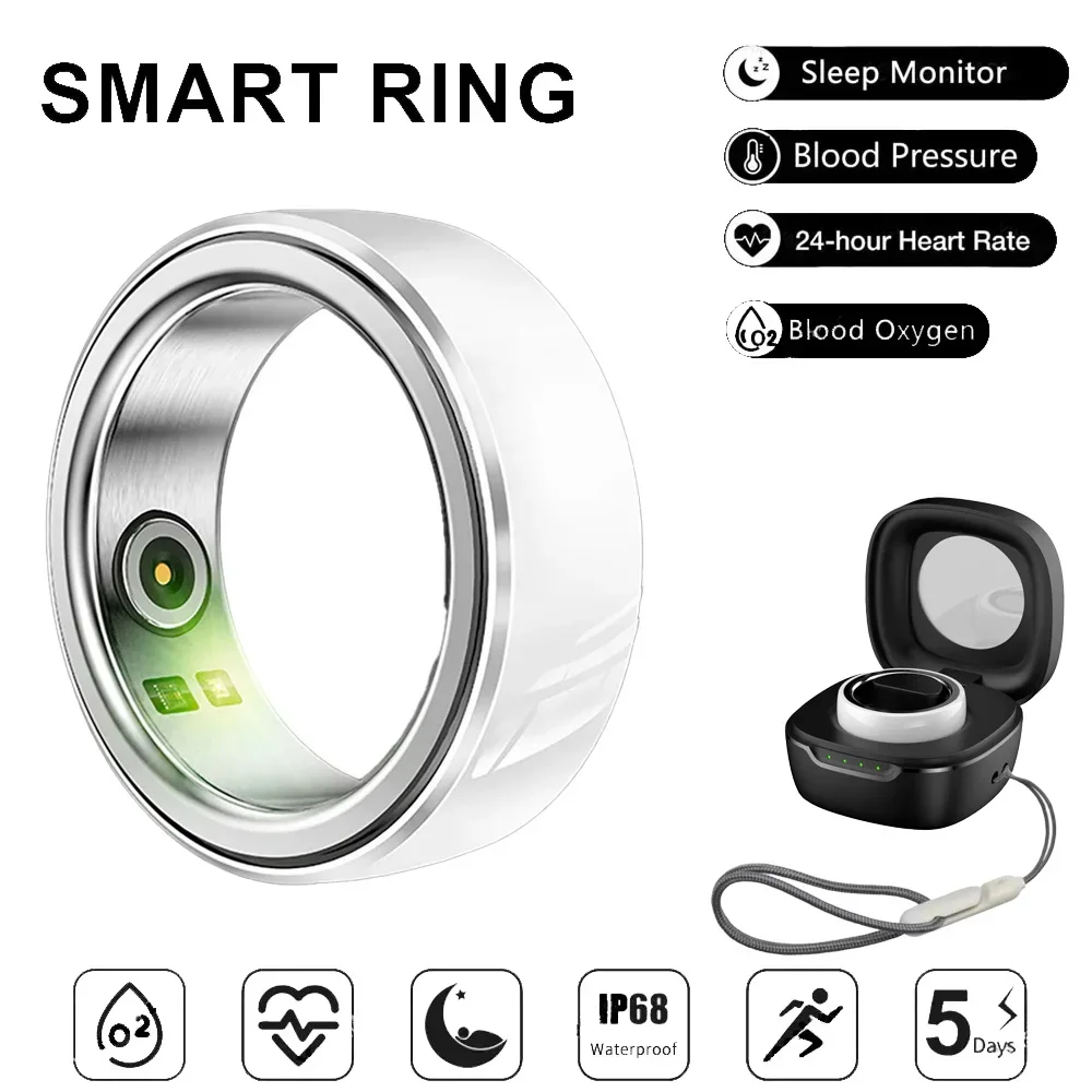 Fashion Smart Ring Health Monitor for Men Women, Fitness Tracker Sleep Steps Blood Pressure Heart Rate Monitor with Charging Box