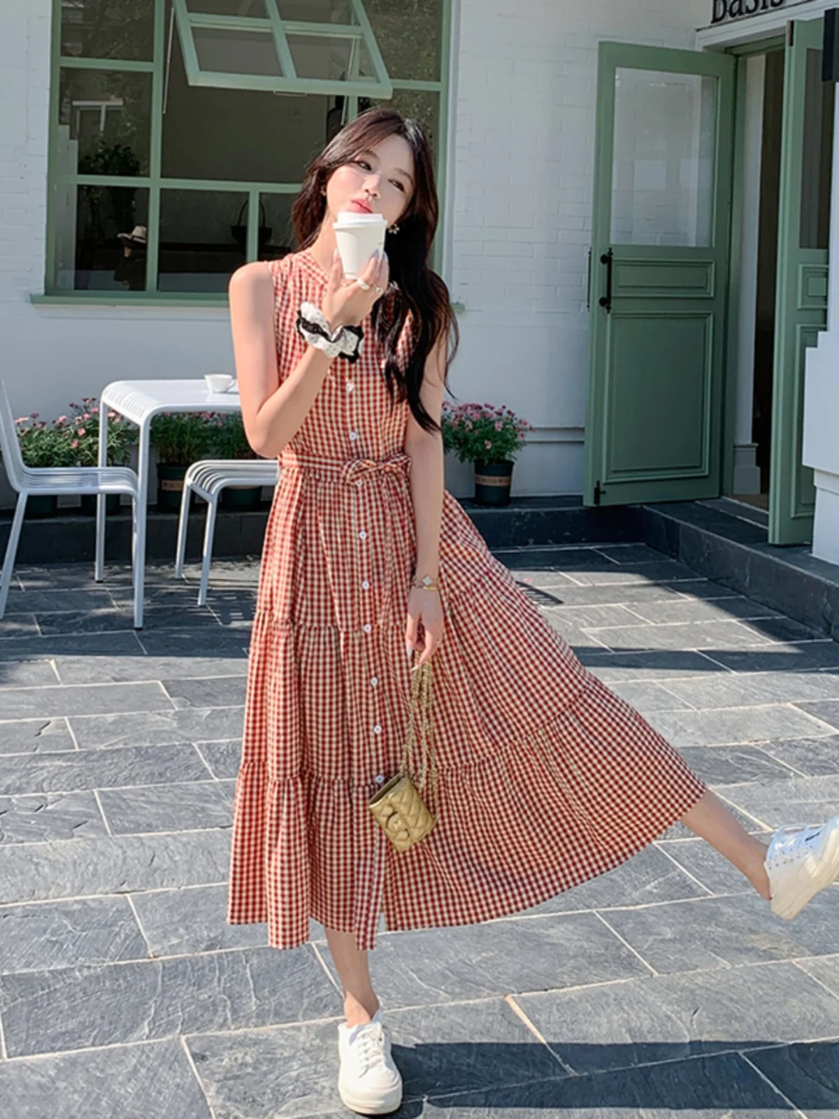 Rote karierte Weste, Damen, langer Sommerrock, neu, schlicht, Retro, tailliert, koreanischer Stil, hohe Taille, A-Linie, langer Rock