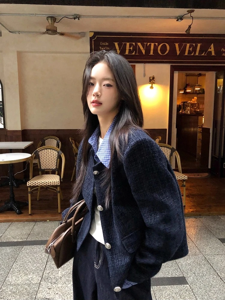 معاطف قصيرة بأزرار فرنسية أنيقة للنساء ملابس خريفية رفيعة بأكمام طويلة سترات كورية عصرية أمريكية عتيقة أنيقة