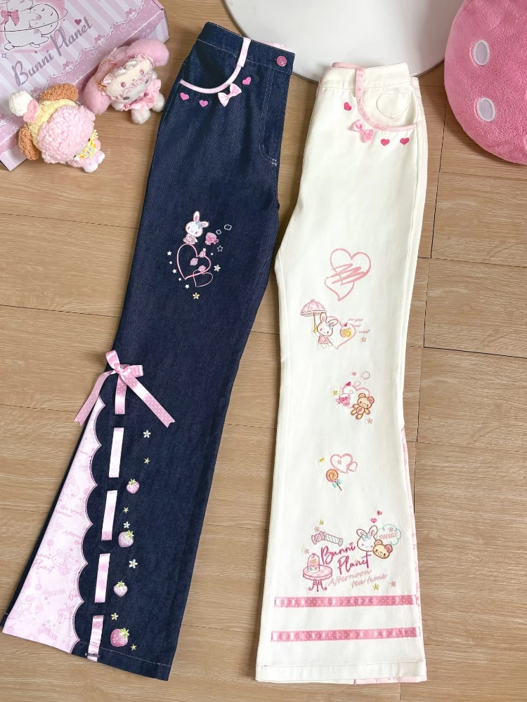 Kawaii Sweet Japanese Harajuku Flare Jeans Women Rabbit Strawberry Embroidery Bow Trim High Waist Slim Fit Casual Denim Pants