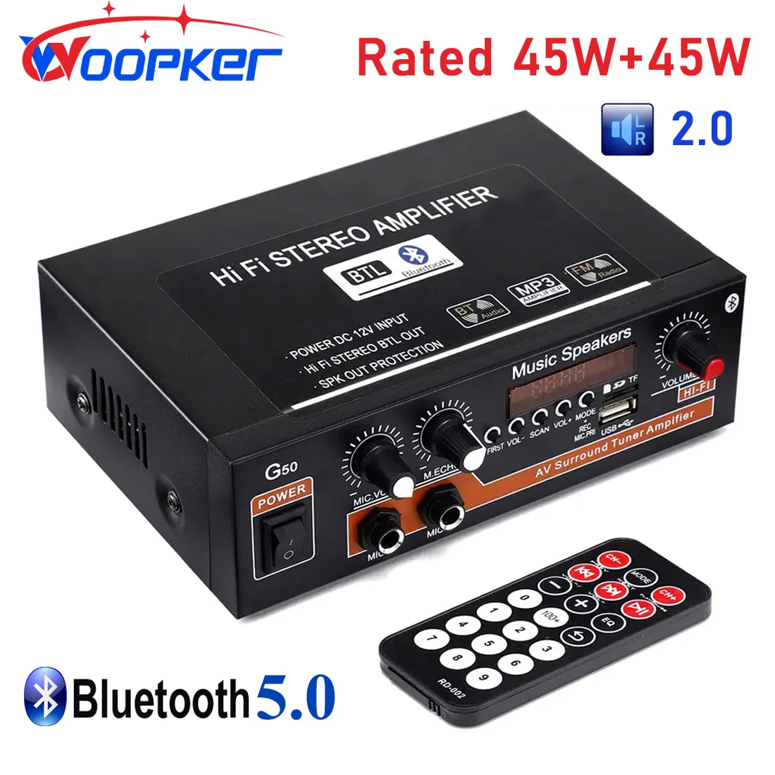 

Woopker Audio Amplifier G50 2-Channel Bluetooth Karaoke Power AMP for Home Audio Studio Support USB SD RCA MIC Input