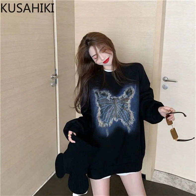 KUSAHIKI Vintage Autumn Winter Fleece Women Sweatshirt Causal Butterfly Applique Hoodie Fashion O-neck Pullover Top Jumper