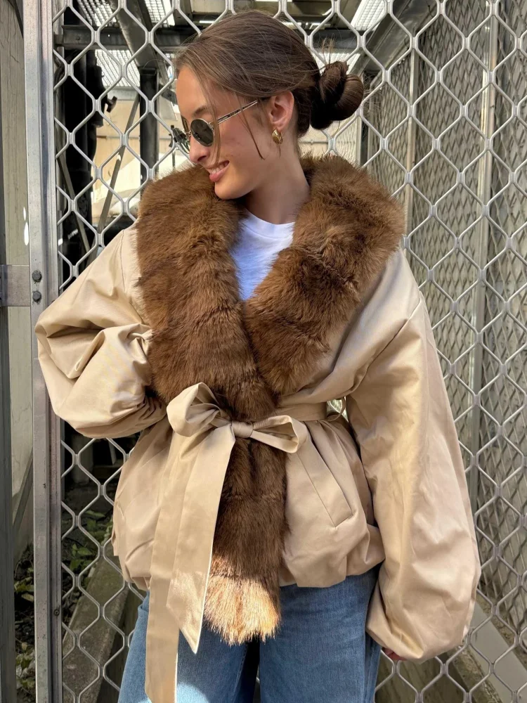 

Women Chic Patchwork Faux Fur Jacket Fashion Lapel Long Sleeve Loose Lace Up Coat 2025 Winter Lady Warm High Street Outwear