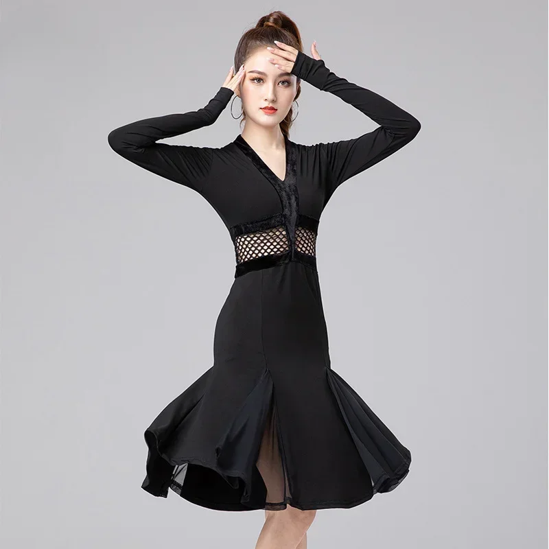 Robe de soirée à manches longues pour femmes, costume de performance de danse latine, maille noire sexy, col en V, pratique de la danse pour adultes