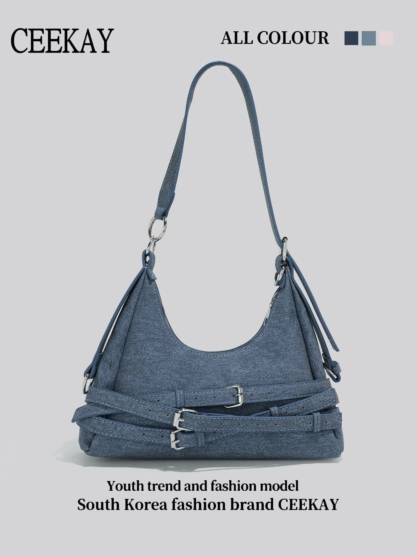

2026 New CEEKAY Denim Shoulder Bag, Style Hobo Bag with Multi-Belt Buckle Decor, Casual Underarm Bag for Women Trendy Denim Tote