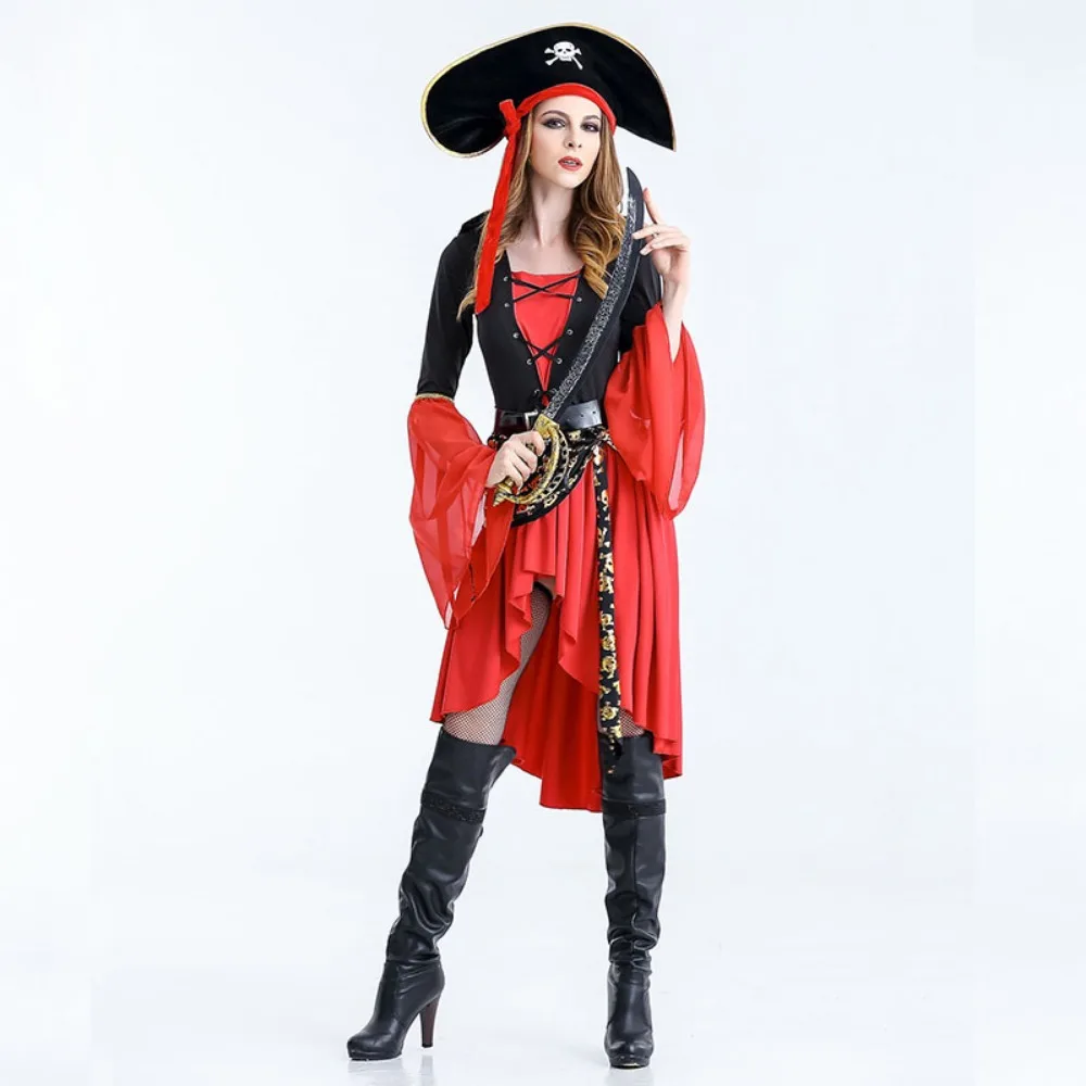 Caribbean Pirate Cosplay Costume Women Dress Hat Belt Full Set Female Pirate Captain Role Play Suit Halloween Carnival Party