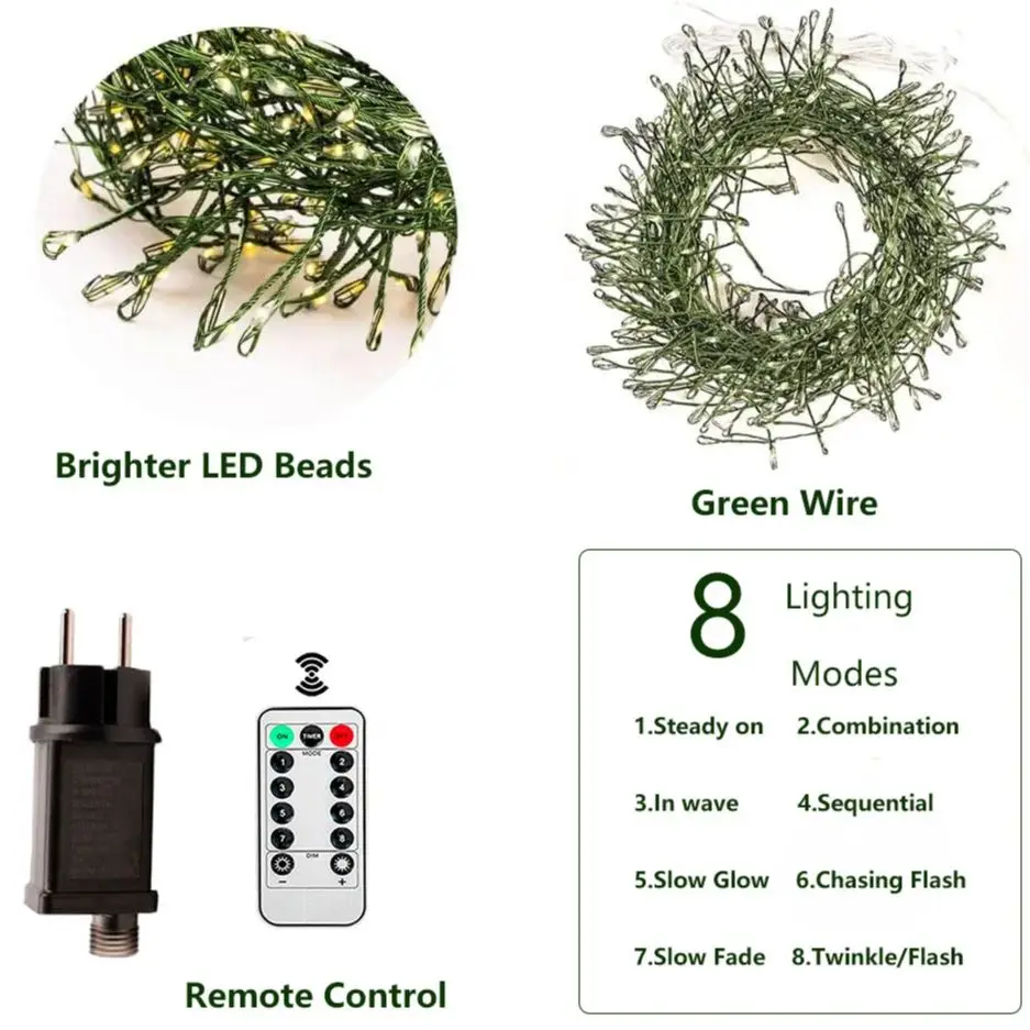1000LED 36M Cluster Green Wire Garland Lights Fairy String Lights For Bedroom Outdoor Wedding Birthday Christmas Tree 2024 Decor