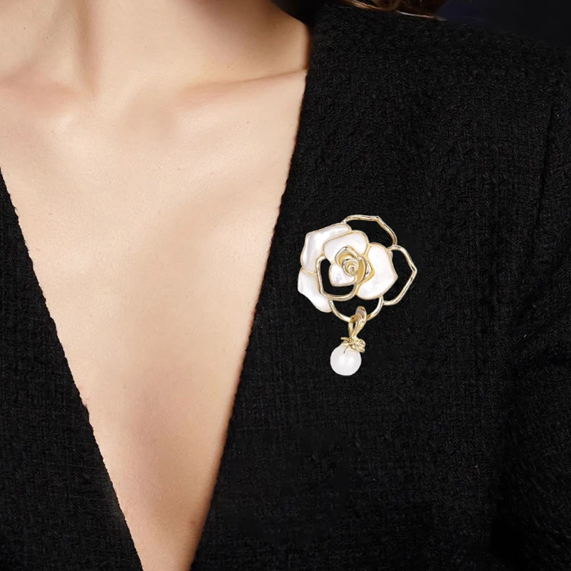 أنيقة أبيض أسود زهرة الكاميليا دبابيس دبابيس للنساء جميلة زهرة النبات خلع الملابس الملابس الصدار مجوهرات اكسسوارات #3