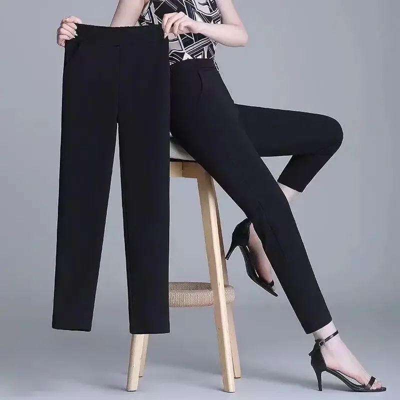 Black White Color High Strecth Spring Summer Pencil Pants Pocket Decoration Elastic Waist Plus Size Three Quarter Casual Pants