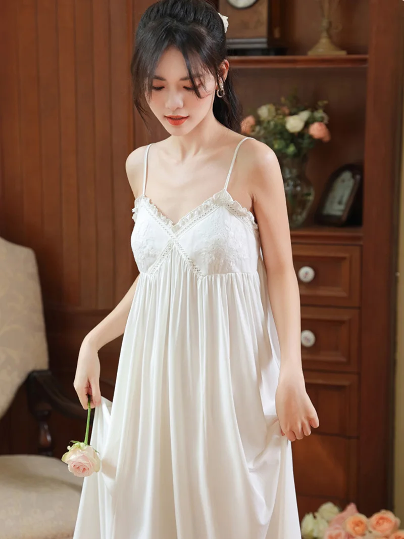 Sleeveless Backless Nightdress Women Summer Cotton Sexy Lace Pajamas French Victorian Ruffles Princess Loose Chest Pad Sleepwear