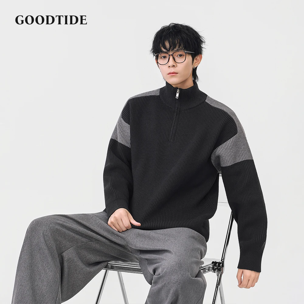 Fashion Men's Casual Half - Zip Mock Neck Sweater 2025 Winter Contrast Panel Ribbed Knit Pullover Soft Long Sleeve Jumper Top