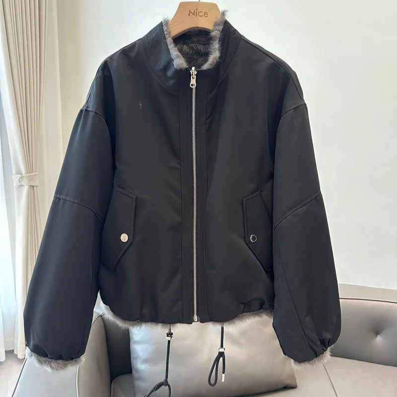 2025 dupla face usar casaco de pele de coelho feminino inverno curto parkas engrossar jaqueta quente solto casaco senhora streetwear outerwear