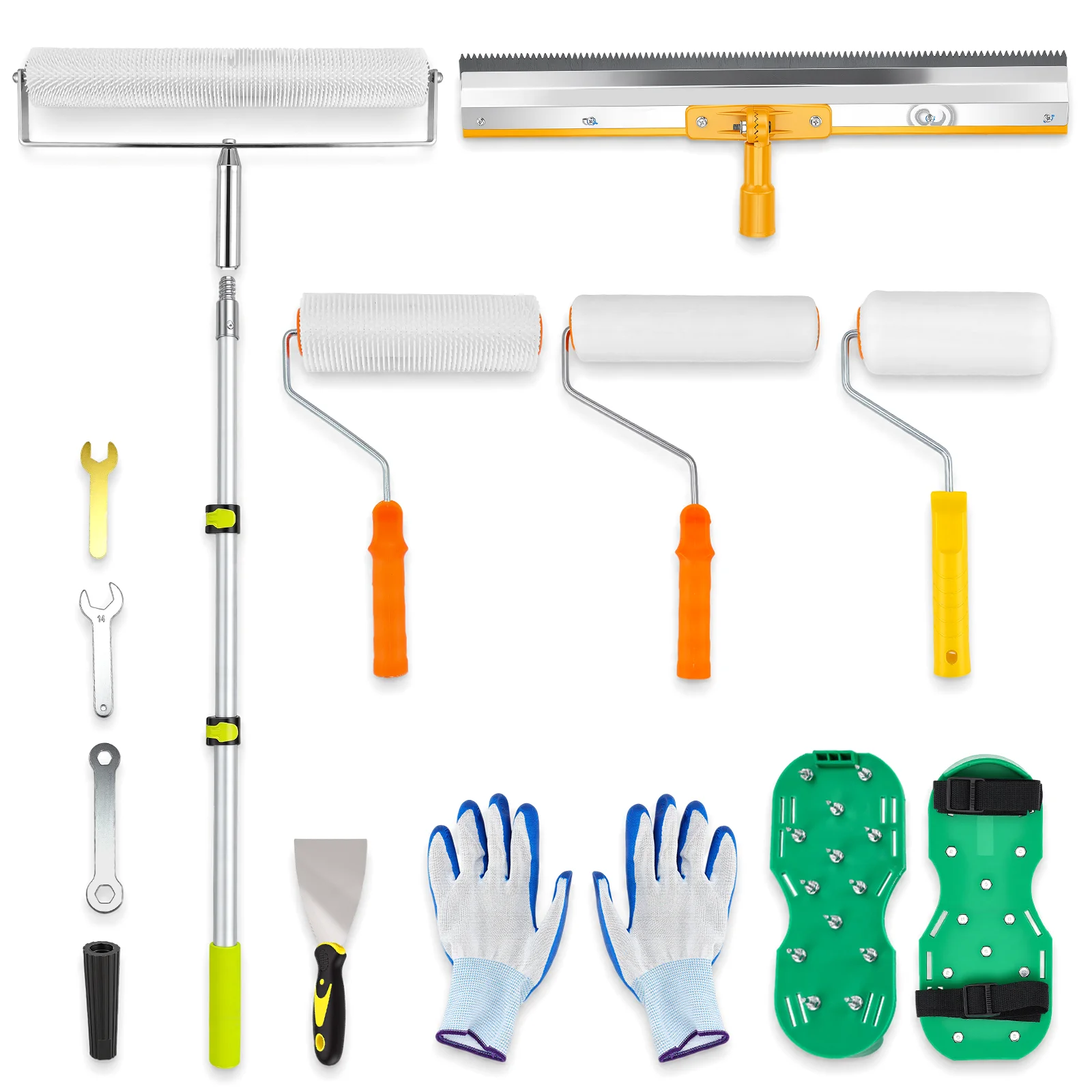 Kit d'outils de nivellement autonivelant, kit d'outils pour revêtements de sol en époxy avec tige télescopique, rouleau à picots, raclette dentée, chaussures à picots pour le nivellement des sols en époxy et les revêtements en béton