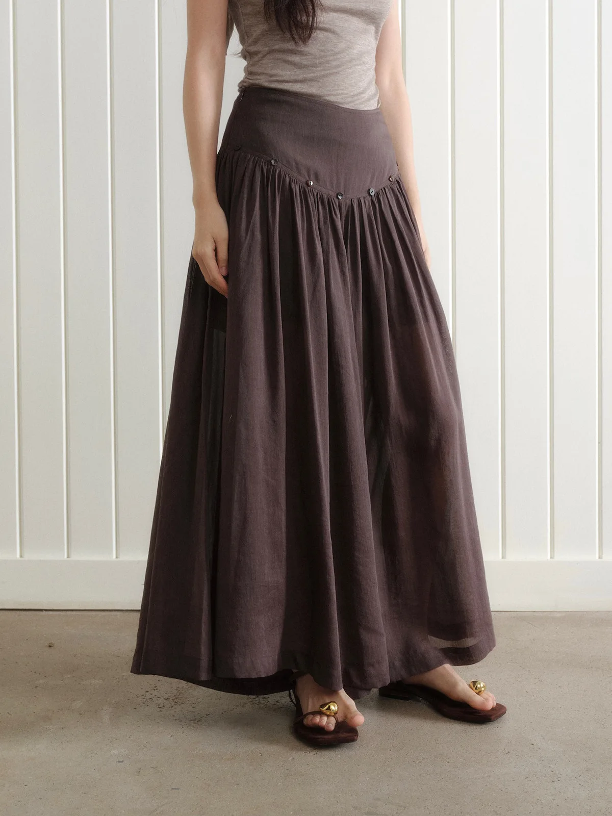 

Vintage Brown High Waist Gathered Wide Leg Palazzo Pants Sheer Linen Blend Flowy Loose Trousers Women Minimal Boho Casual Bottom