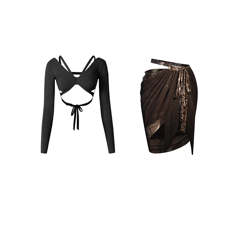 2025 Ragazze Costume di Ballo Latino Maniche Lunghe Magliette Corte Gonna Leopardo Cha Cha Rumba Pratica di Ballo Indossare Esegui Abbigliamento DNV25619