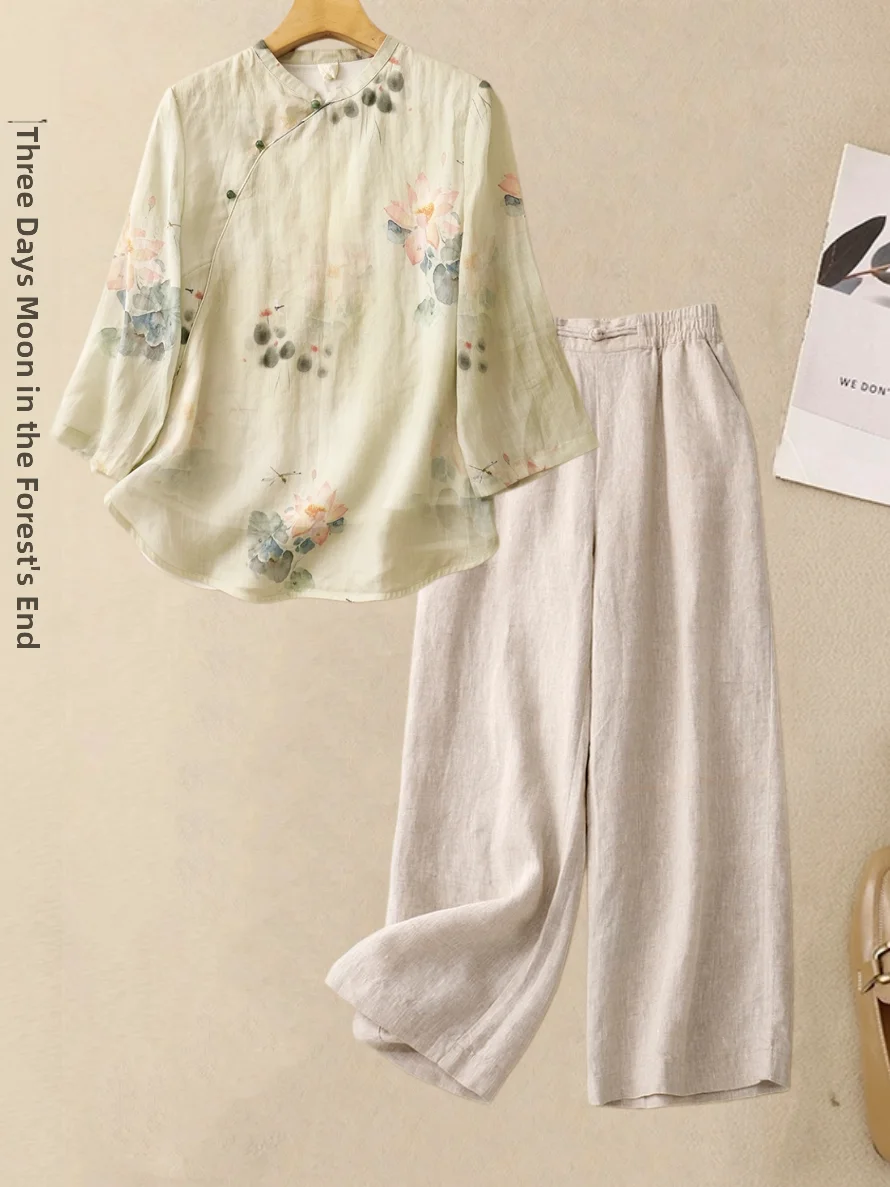 

Ladies Large Size Cotton Linen Two-Piece Set Spring Summer Wide Leg Pants Floral Print Casual Fashion Ensemble for Women over 35