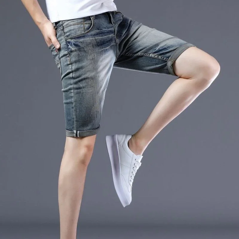 

Skinny Slim Men's Short Jeans Pants with Pockets Long Bermuda Male Denim Shorts Half Distressed Korean Fashion Summer Cowboy Xl