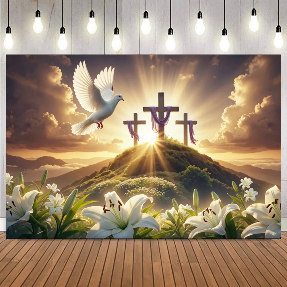

Religious Easter He is Risen Cross Dove Photography Background Floral Lily Christian Event Portrait Home Decor Photo Backdrop
