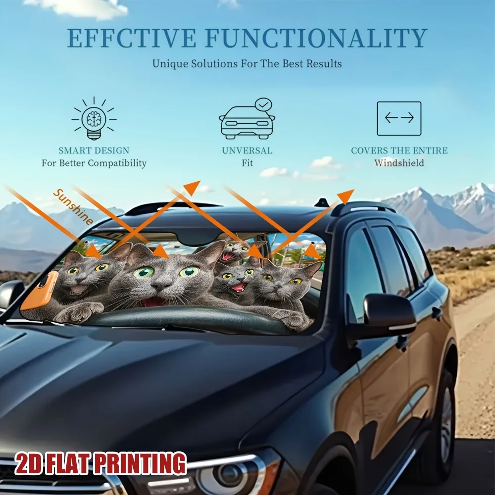 1pc Of Amusing Russian Blue Cats Car Sunshade For Road Trips, Made To Be Lightweight And Sturdy, Helps Maintain A Cool Temperatu