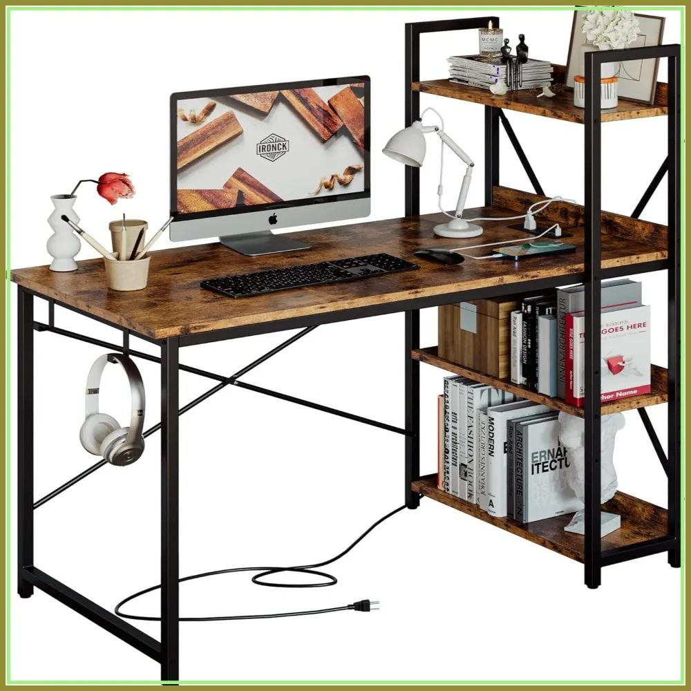 

47" Computer Desk with Power Outlet and USB, Storage Shelves, Home Office Workstation, Rustic Brown