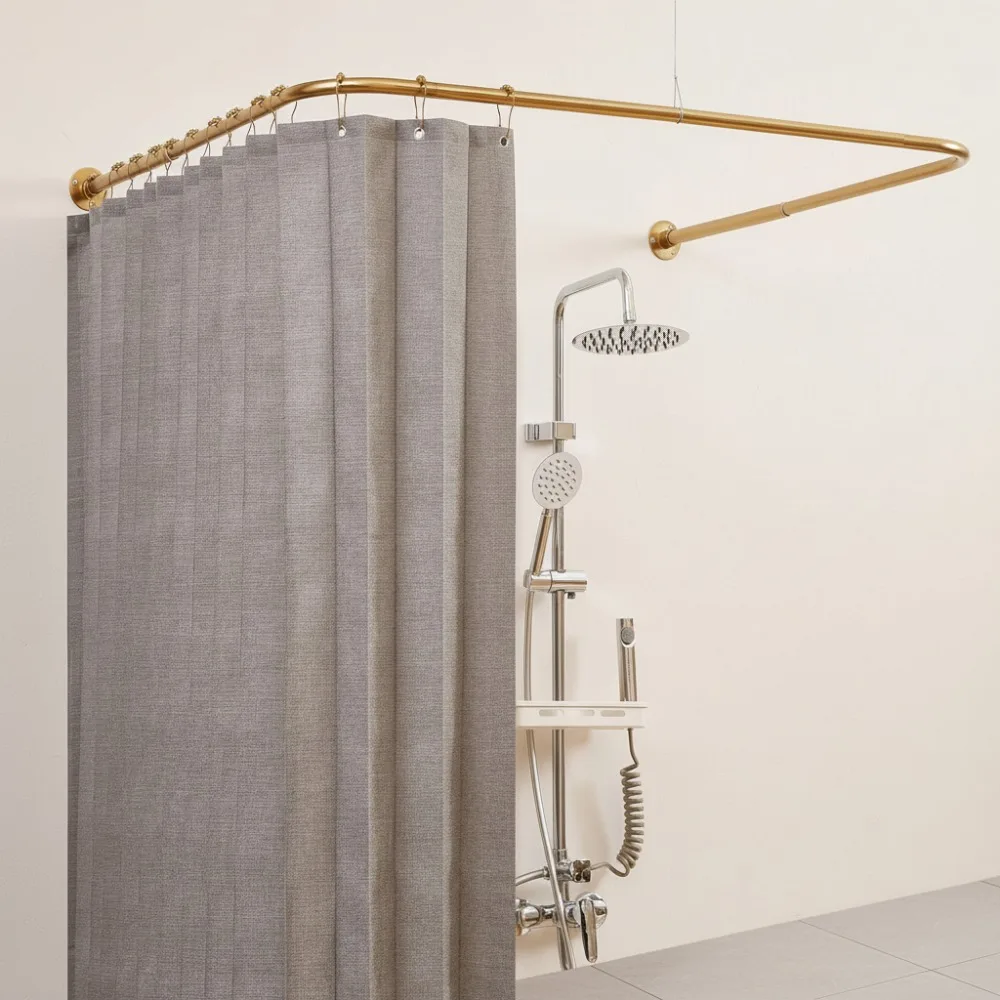 

Adjustable U-Shaped Shower Curtain Rod No Sagging Heavy Duty Gold Bathroom Outdoor with Hooks