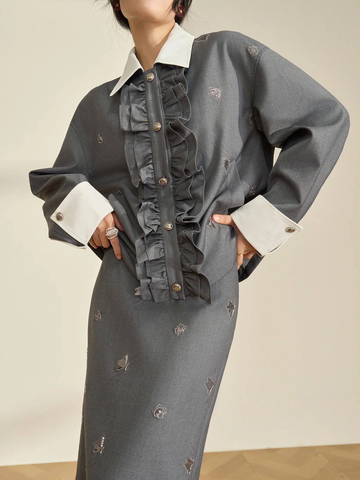 

Elegant Sequin Top And Straight Skirt Two-Piece Set Beautiful Spring Fashion Casual Workwear Anti-Wrinkle Medium Th...