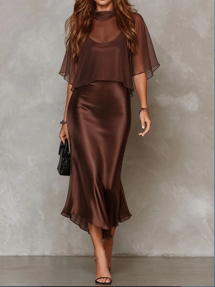 Women Satin Midi Dress With Mesh Cape Overlay Mock Neck Ruffle Hem Formal Evening Party Wedding Guest Cocktail Dresses
