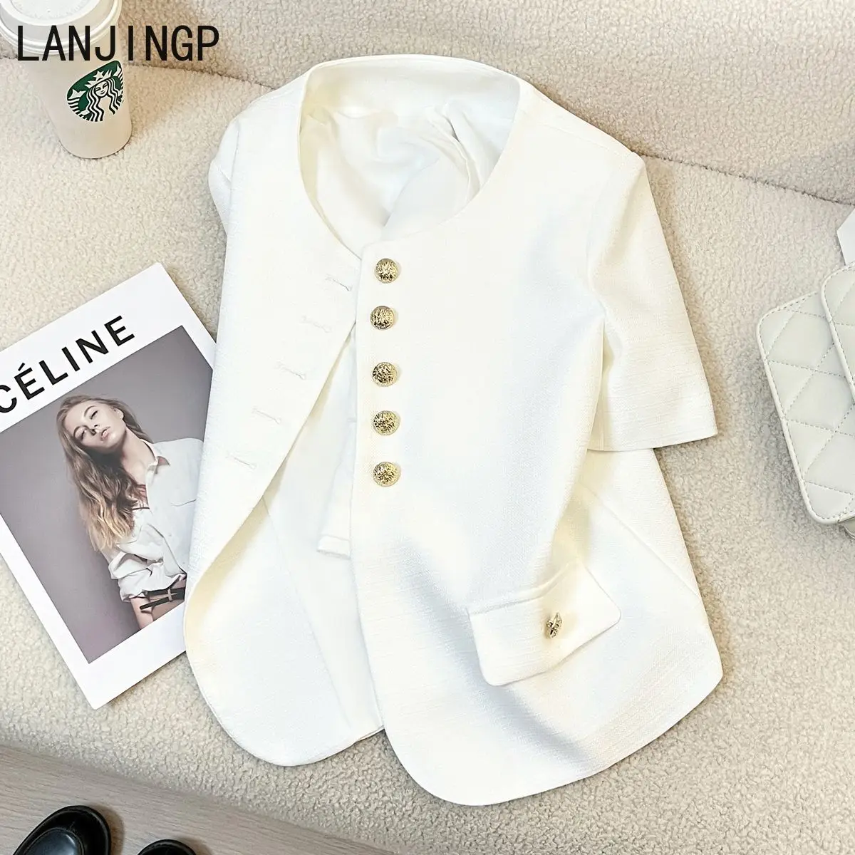 

2025 summer new white thin small fragrant blazer femininity senior celebrity short-sleeved casual top