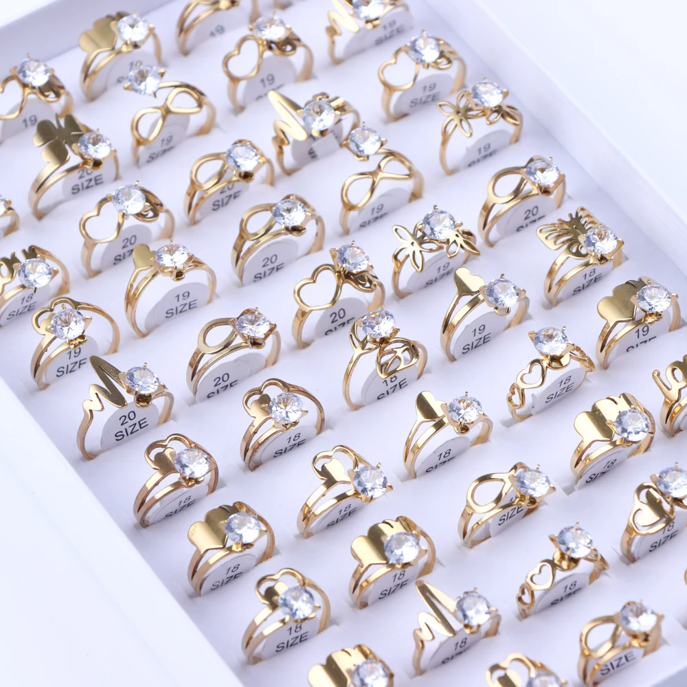 10/20/50Pcs/Lot Fashion Classic Zircon Hollow Stainless Steel Ring Women Mixed Style Wedding Engagement Jewelry Party Gifts