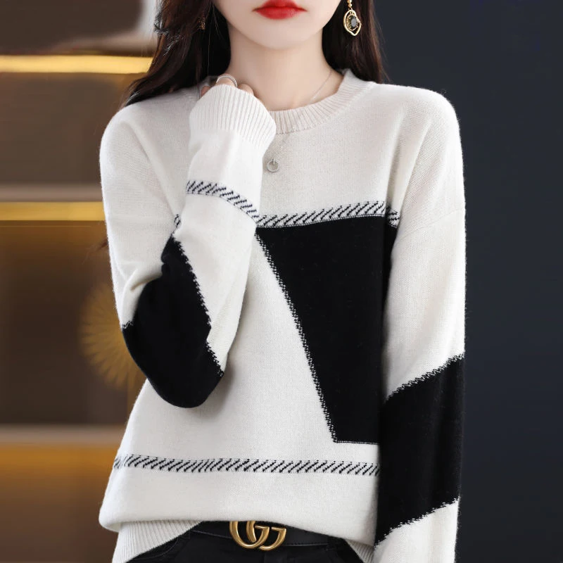 

Autumn Winter New 2022 Korean Elegant Fashion Contrast Color Loose Warm Knitted Sweater Women Casual Pullover Top Female Clothes