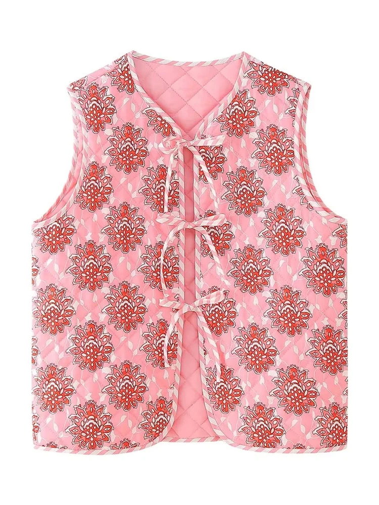 Ladies 2024 New Fashion Flower Print Pink Sleeveless Parkas Girls Spring Autumn Elegant Open Stitch O-Neck Cotton Vest Outwear